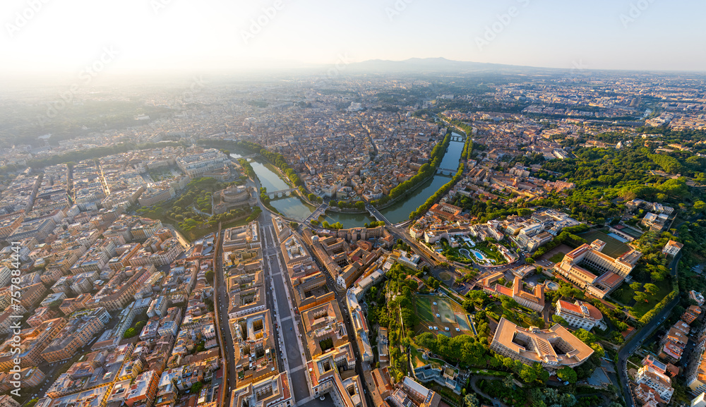 Rome, Italy. Panorama of the city on a summer morning. Sunny weather. Aerial view