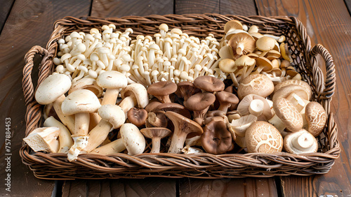 Different fresh wild mushrooms in bowl on black background, flat lay