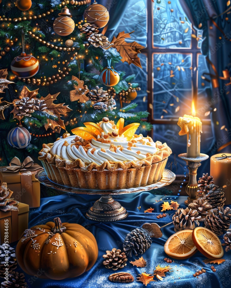 Halloween-themed Christmas Tree with Pumpkin Pie and Candle Generative AI