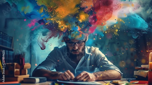 An artistic representation of a male figure in silhouette with a vibrant, multicolored splash emanating from his head, symbolizing the creative and therapeutic release of emotions through art. photo