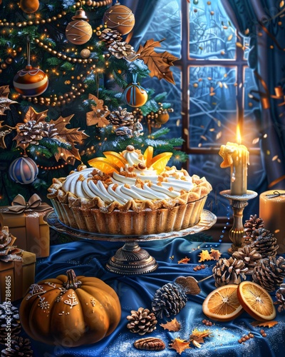 Halloween-themed Christmas Tree with Pumpkin Pie and Candle Generative AI photo