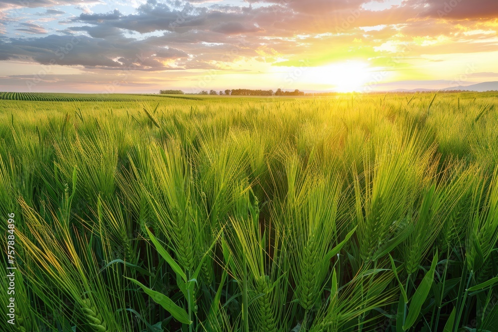 Golden Hour Glory: Sunset over Barley Fields in the Agricultural Heartland - obrazy, fototapety, plakaty 