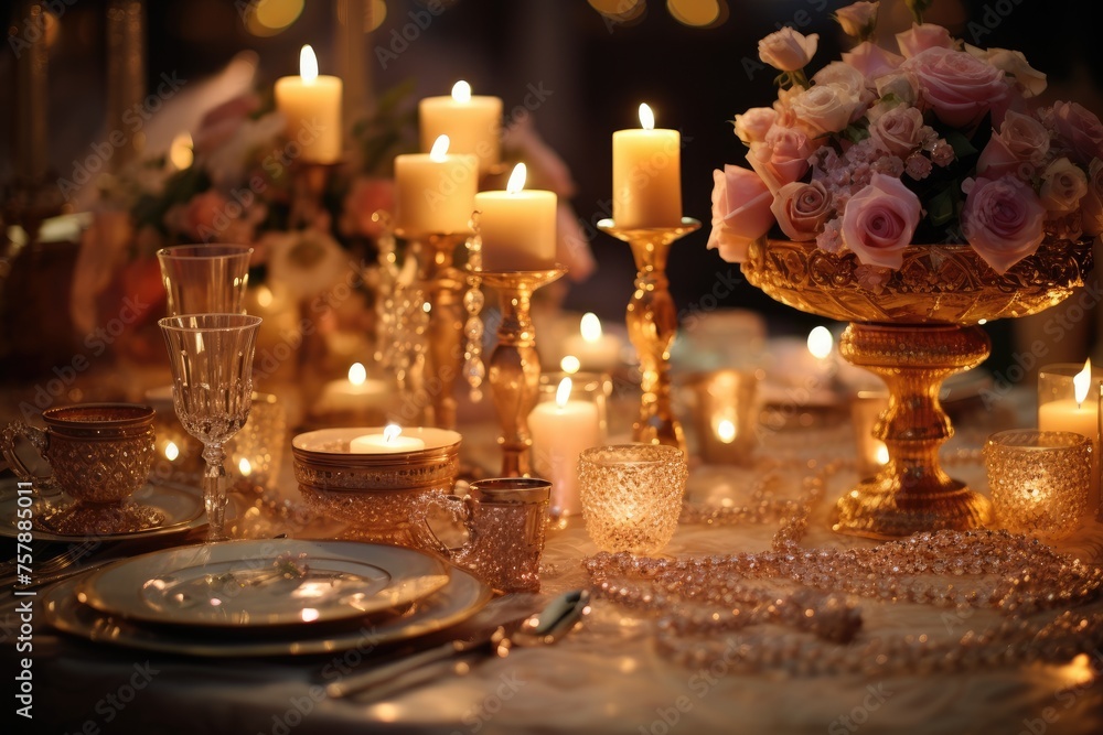 Candlelit Elegance: Jewelry arranged on a table surrounded by lit candles.