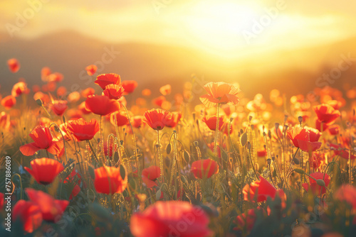 Sunset field of red poppies in warm light, creating a serene and vibrant landscape © Slepitssskaya