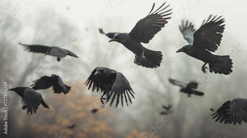 Flock of crows flying in a misty sky.