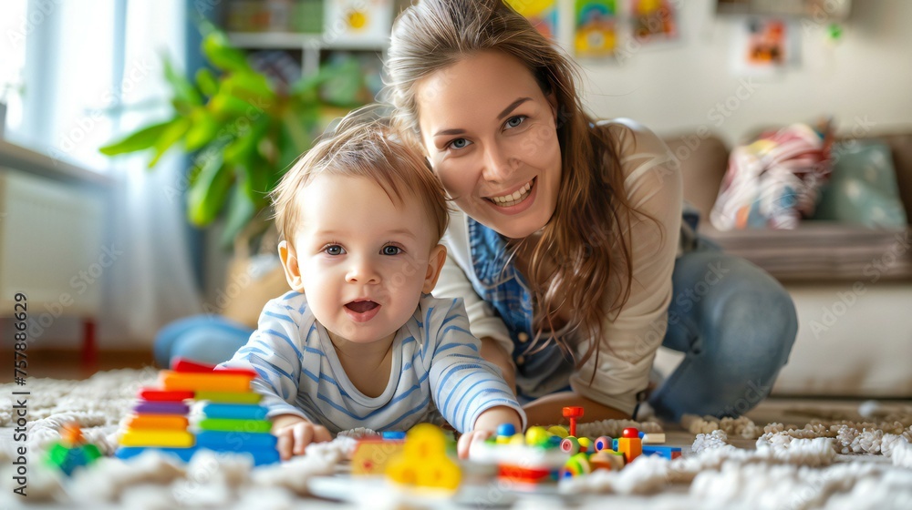 A woman and a baby are playing with toys on a carpet. The woman is smiling and the baby is smiling as well. The scene is happy and playful, with the woman and baby enjoying their time together A woman and a baby are playing with toys on a carpet. The woman is smiling and the baby is smiling as well. The scene is happy and playful, with the woman and baby enjoying their time together