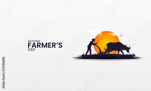 Happy Farmers Day, Farmers day creative Design, Farmer. cow, land, brush, pen, Farmers day banner, poster, vector illustration, 3D