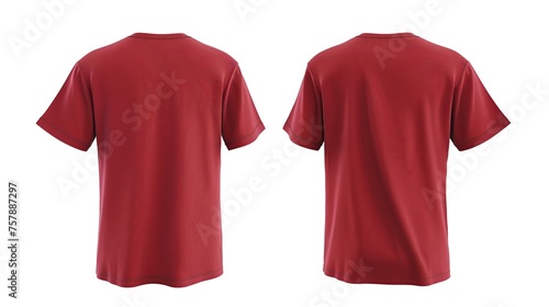 Set of red t-shirt isolated on white background. Front and back view. 3d rendering