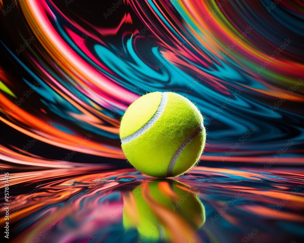 Tennis Ball on Reflective Surface with Psychedelic Waves