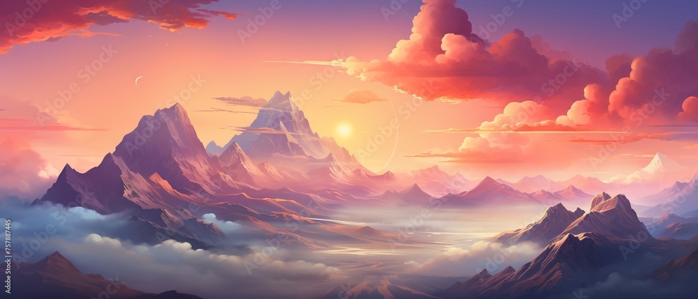 A vibrant pastel painting of a landscape with isolated mountain peaks A vibrant pastel painting of a landscape with isolated mountain peaks