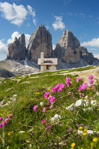 Canvas Print Kapelle, Drei Zinnen, Blumen, Südtirol, Dolomiten, Italien