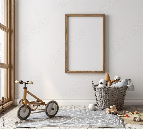 A Toy-Filled Playroom with a Bicycle and a Wooden Frame Generative AI