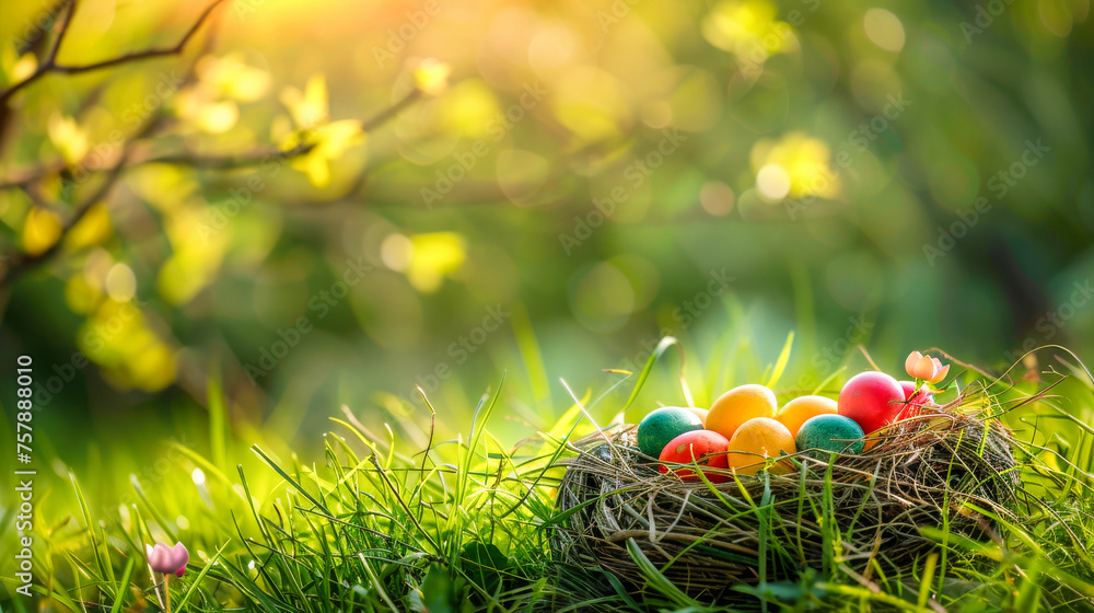A little nest with colorful Easter eggs in the green grass, in a spring sunny day A little nest with colorful Easter eggs in the green grass, in a spring sunny day