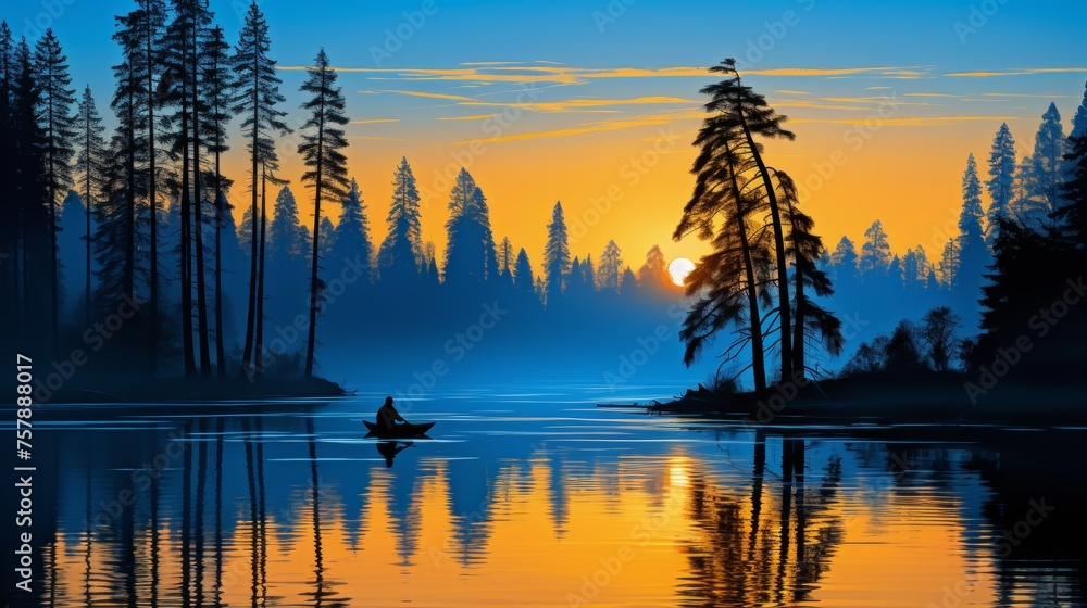 Fototapeta premium Tranquil flat illustration of a lone fisherman in a boat on serene lake surrounded by natural beauty