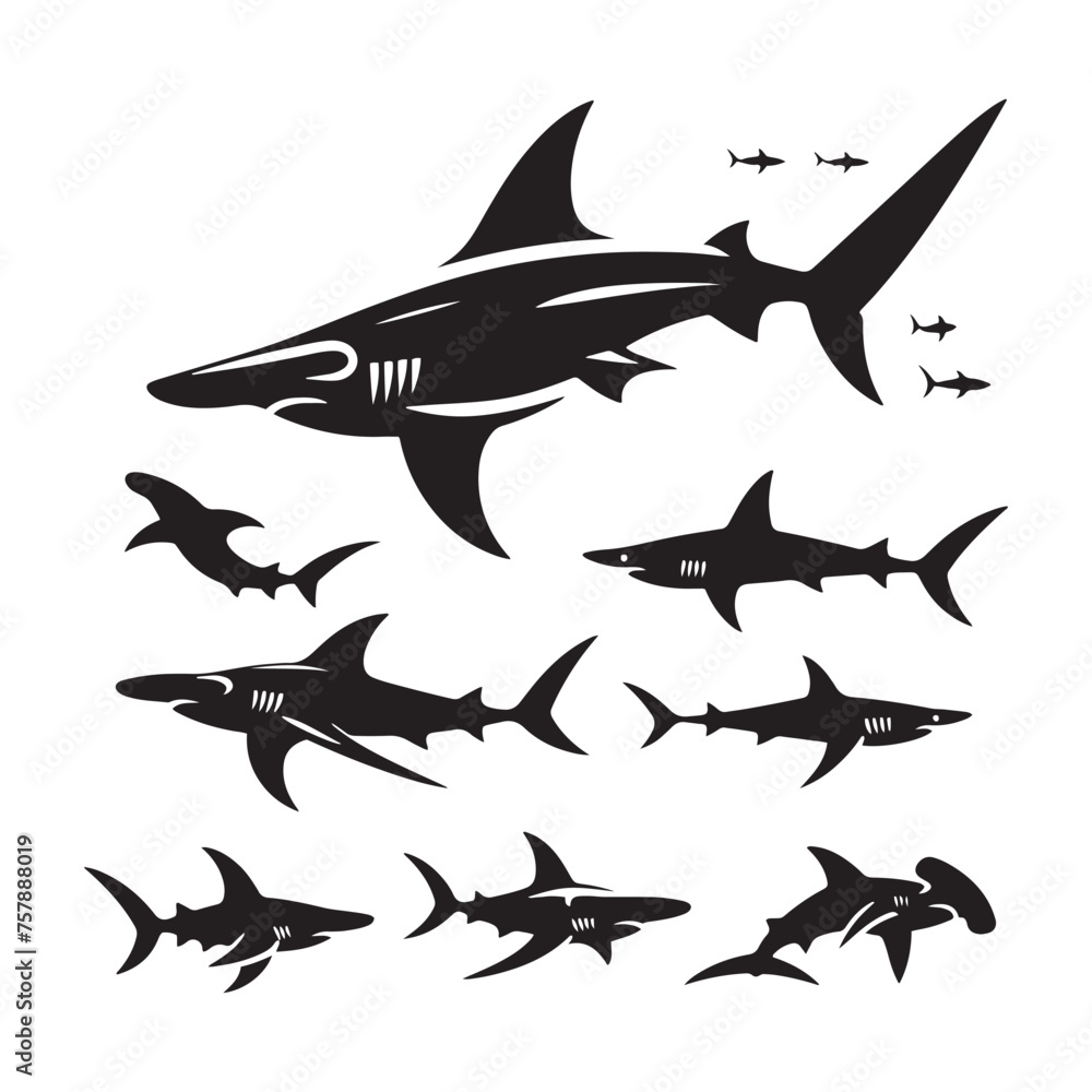 Obraz premium Hammerhead Horizon: Vector Silhouettes of Sleek Shark for Oceanic Enthusiasts and Creative Designs, Hammerhead shark vector illustration.