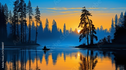 Tranquil flat illustration of a lone fisherman in a boat on serene lake surrounded by natural beauty