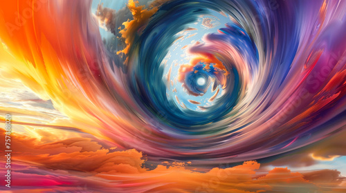 A twirl of colorful clouds, blue sky with white clouds in background