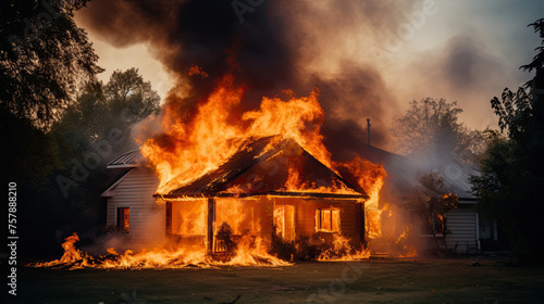 Outdoor shot of a House or fire and Burning down