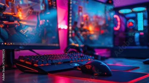 A table in the gaming room is occupied by headphones and a computer keyboard
