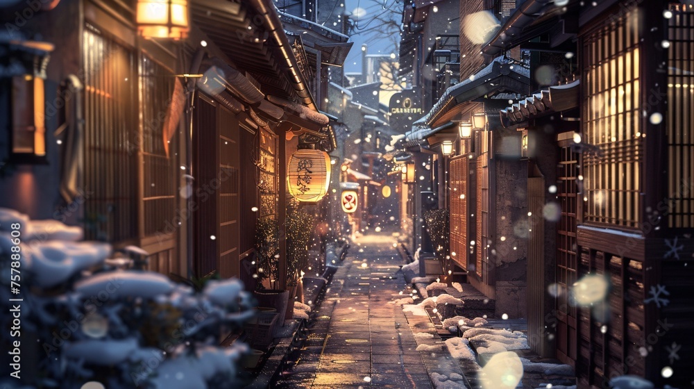 Obraz premium Snowy Night in the City A Winter Wonderland Generative AI