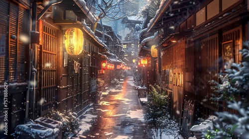 A Snowy Night in Tokyo Illuminated Pathway and Lanterns Generative AI