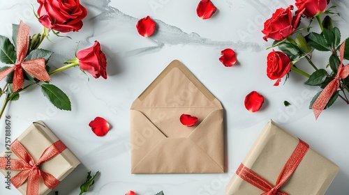 Concept of happy women's day with envelope, roses and gift box on white background ,generative ai 