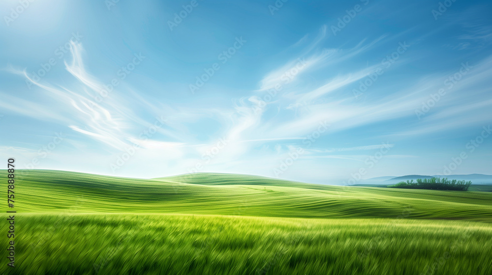 Abstract, blurred green landscape with blue sky backdrop 
