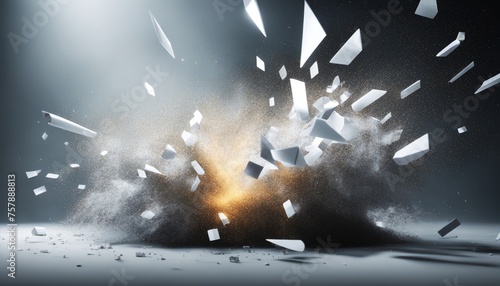 Dynamic explosion with white fragments flying on a dark backdrop  showcasing a powerful burst and scattering pieces