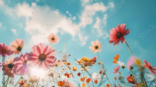 Low angle shot of a blooming flowers under a blue sky ,generative ai, generative,ai 