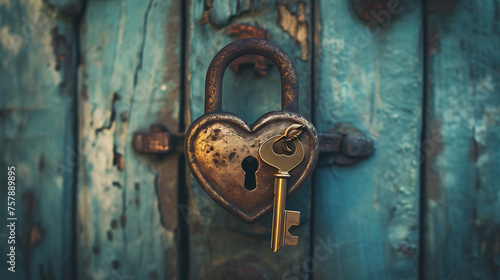 A vintage key unlocking a heart-shaped padlock, symbolizing the unlocking of love and commitment.