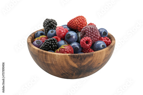 Assorted Fresh Berries in Dark Wooden Bowl on Transparent White Background