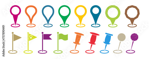 Colorful location pin, flag marker vector icons set. Gps map markers illustration collection isolated on white background, to use for gps, travel, turism, automotive design projects.
