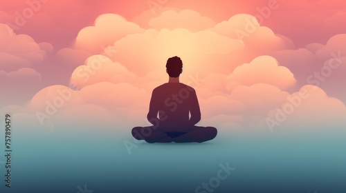 Flat style illustration of buddhist monk meditating in lotus position with mountain backdrop