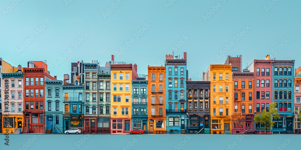 Many modern buildings against a blue background copy space, Colorful high-rise urban skyline. City development and architecture concept. Design for real estate advertisement, poster. Panoramic view