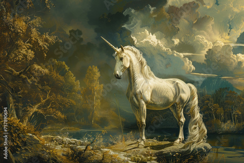 A majestic unicorn stands in a golden field with a dramatic mountain backdrop at sunset