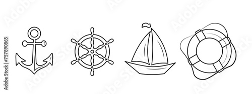 nautical marine icons set, cruise black line vector icons, back to sea, summer vacation at sea, anchor, steering wheel, ship, yacht, life ring