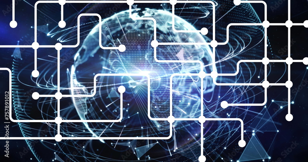Fototapeta premium Image of connections over globe and navy background