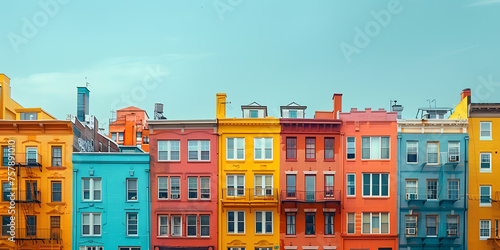 Many modern buildings against a blue background copy space, Colorful high-rise urban skyline. City development and architecture concept. Design for real estate advertisement, poster. Panoramic view