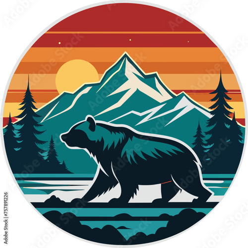 bear in the woods and mountain vector illustration, landscape vector illustration, wildlife landscape with bear print design, Bear in the forest. 