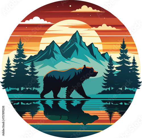 bear in the woods and mountain vector illustration, landscape vector illustration, wildlife landscape with bear print design, Bear in the forest. 