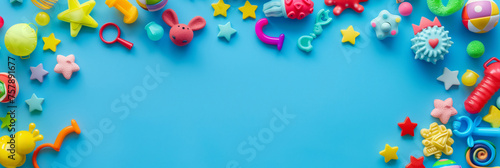 Colorful childrens toy frame on vibrant blue background 