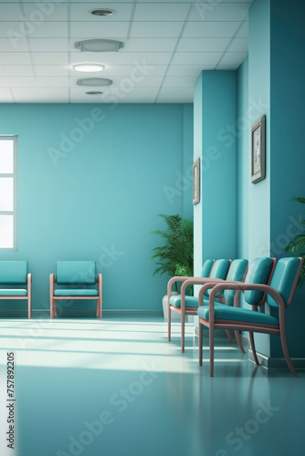 Minimalist hospital waiting area with teal chairs against turquoise wall