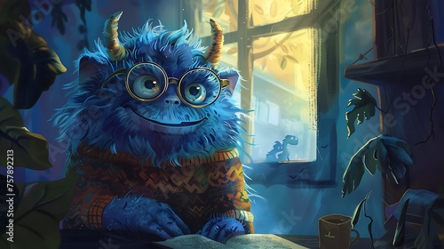 a charismatic blue monster with a knack for storytelling, adorned with glasses and a cozy sweater, who captivates audiences with enchanting tales of far-off lands and attractive look photo
