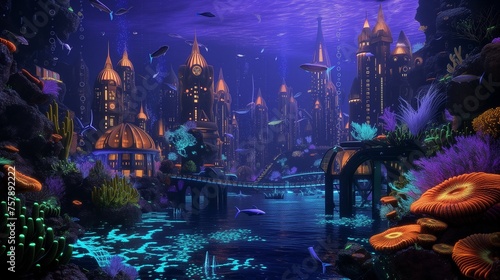  underwater city lit by coral and fish