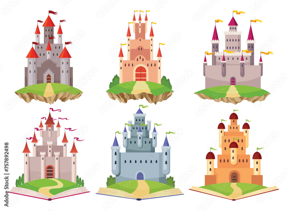 Fairy tale castle set. Medieval royal mansion architecture. Beautiful fairy-tale towers for princess, historic fortified buildings. Knight castle. Isolated cartoon vector illustration