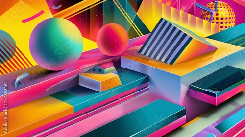 Neon Dreamscape A Vibrant Pink, Blue, and Yellow Artistic Display Generative AI photo