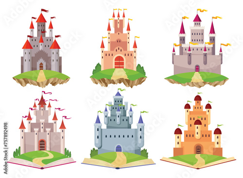 Fairy tale castle set. Medieval royal mansion architecture. Beautiful fairy-tale towers for princess, historic fortified buildings. Knight castle. Isolated cartoon vector illustration