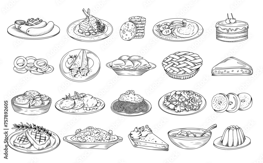 Set of hand drawn culinary dishes illustration (pancakes, sausages, risotto, steak, pie, dumplings, cake, Greek salad, cutlets, spaghetti, soup etc), vector sketch isolated illustration of food