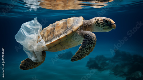 Sea turtle wrapped in plastic bag, wildlife conservation, photo shoot