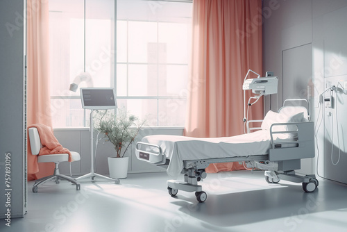 Hospital room with patient bed, medical equipment, and window natural light